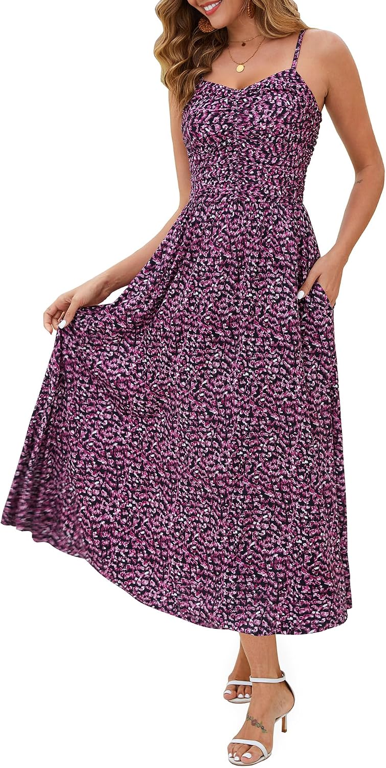 Annebouti Women's Summer Adjustable Spaghetti Strap Ruched Maxi Sun Dress | Dress with Pockets, Lined Bodice, Boho Floral Print, Perfect Summer Dress for Wedding Guest, Beach, Vacation, Resort Wear