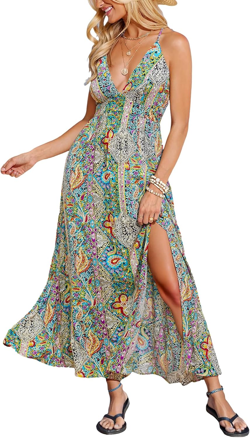 CUPSHE Women's Boho Paisley Tropical Deep V-Neck High Slit Maxi Dress | Adjustable Criss-Cross Straps, Open Back, Empire Waist Flowy A-Line Long Sundress, For Summer Beach Vacation, Resort Wear