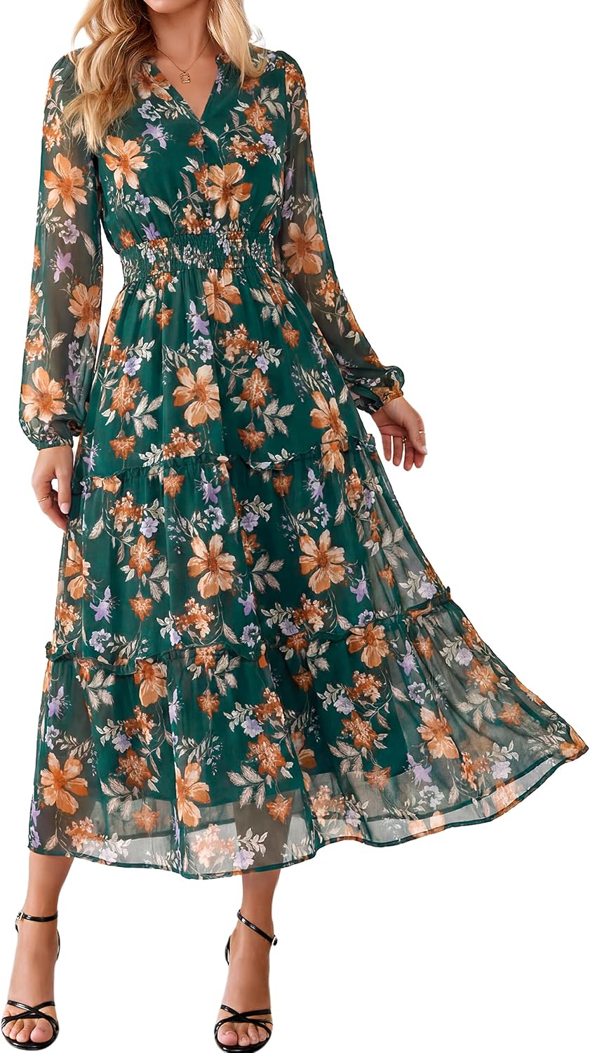 Simplee Womens Floral Boho Maxi Dress Long Sleeve Flowy Wedding Guest Dress | Chiffon, V Neck, Empire Waist, Fall Dress, Semi-Formanl, A Line, Baby Shower, Ruffle Tiered, Elegant, Long