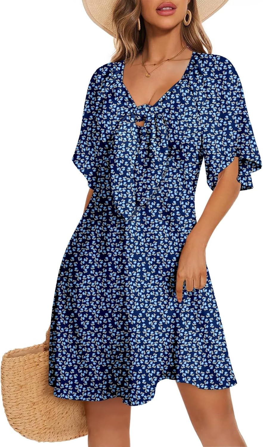 Dokotoo Womens Dresses 2026 Deep V Neck Elegant Bow tie Mini Dress S-XL | 2026 Summer Fall,Short Sleeve,V Neck,Graduation Party Dress,Elegant,Flowy Beach Vacation Wear,Casual Dress