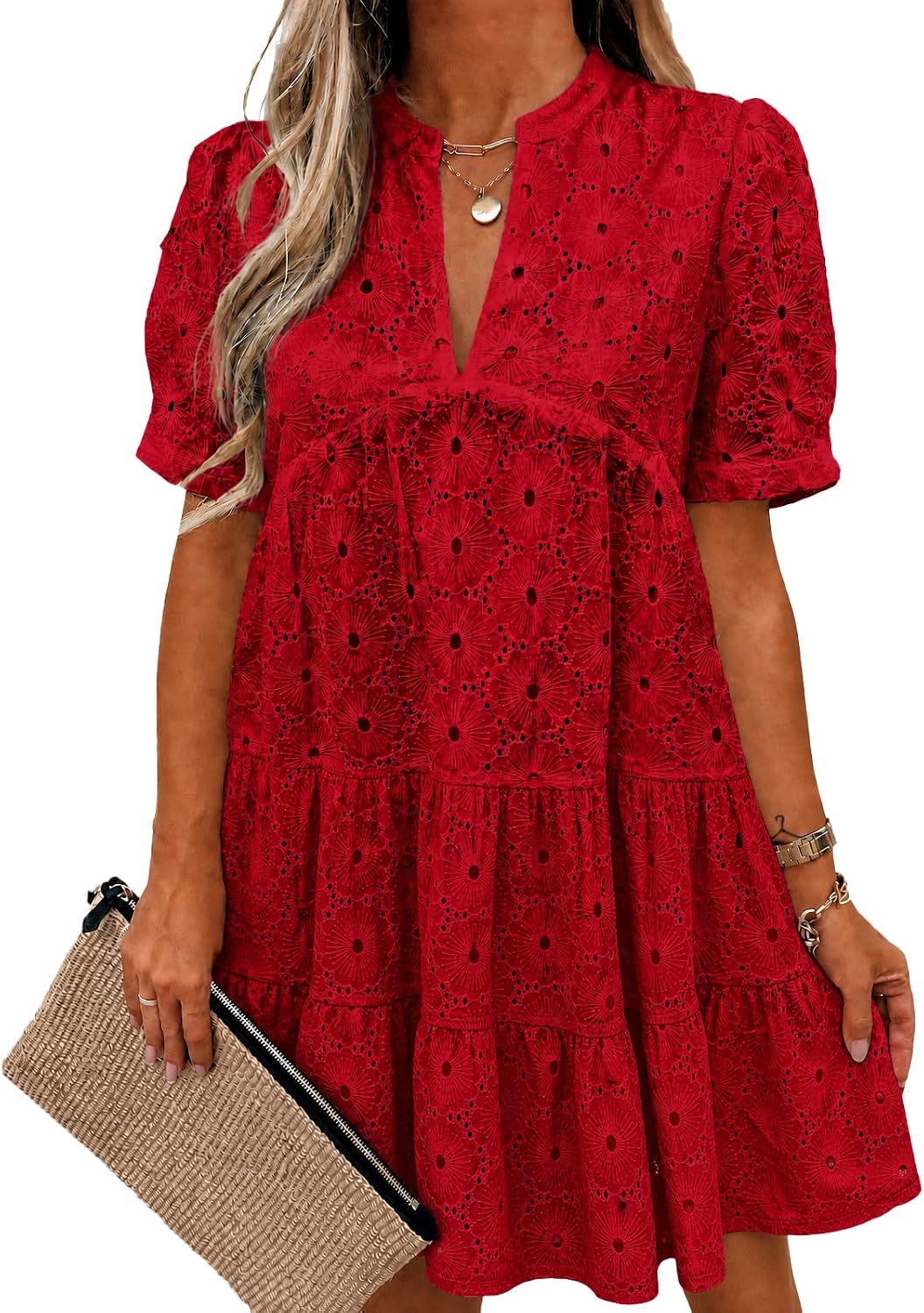 Imily Bela Womens Summer Lace Dresses Eyelet Casual Flowy Babydoll Dress | Swing, Short Sleeve, V Neck, Tunic Dress,Mini,Beach,Vacation,Party,Outdoor,Boho,Loose,Ruffle Hem,Short Puff Sleeve