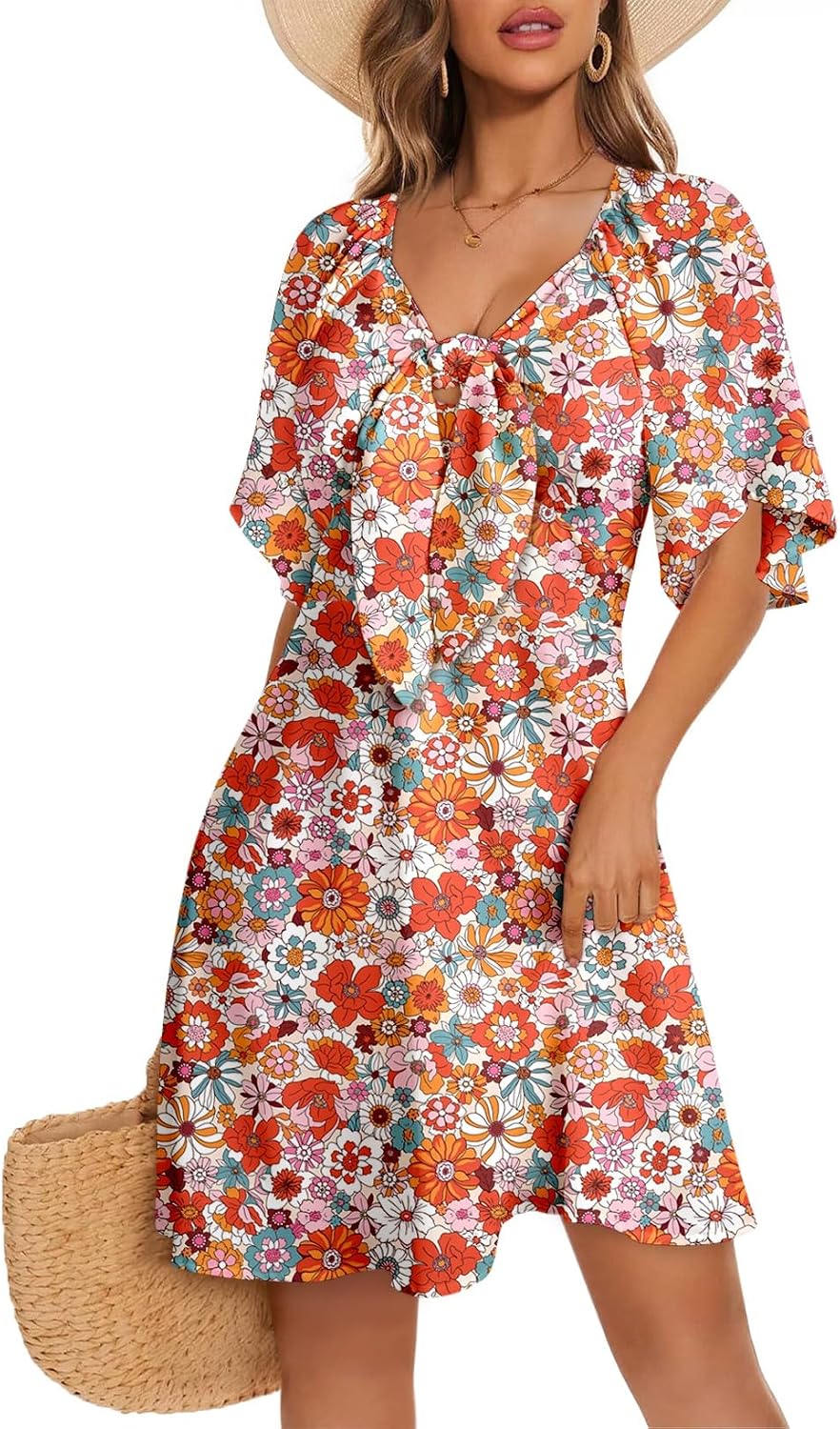 Dokotoo Womens Dresses 2026 Deep V Neck Elegant Bow tie Mini Dress S-XL | 2026 Summer Fall,Short Sleeve,V Neck,Graduation Party Dress,Elegant,Flowy Beach Vacation Wear,Casual Dress