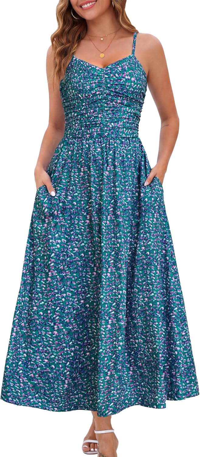 Annebouti Women's Summer Adjustable Spaghetti Strap Ruched Maxi Sun Dress | Dress with Pockets, Lined Bodice, Boho Floral Print, Perfect Summer Dress for Wedding Guest, Beach, Vacation, Resort Wear