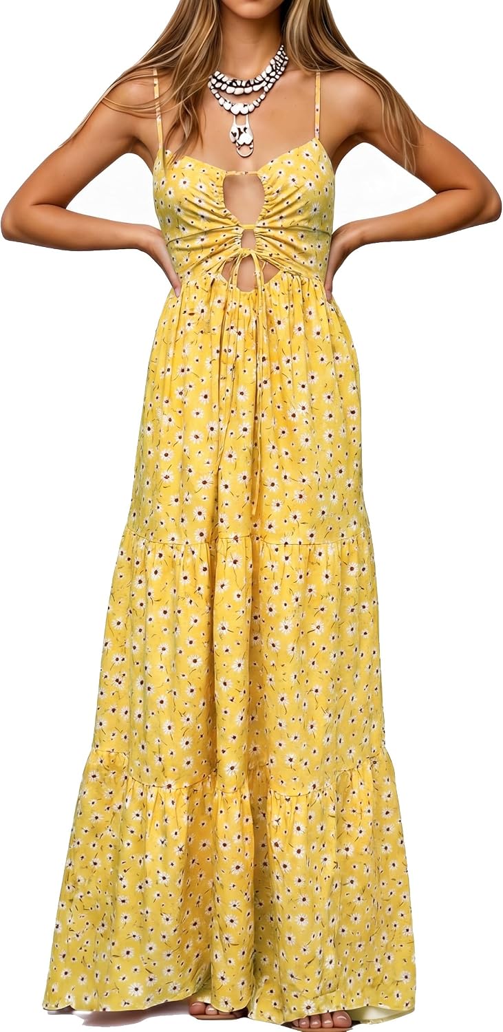 Womens Summer Floral Spaghetti Strap Backless Low Cut Smocked Milkmaid Flowy Beach Sundresses