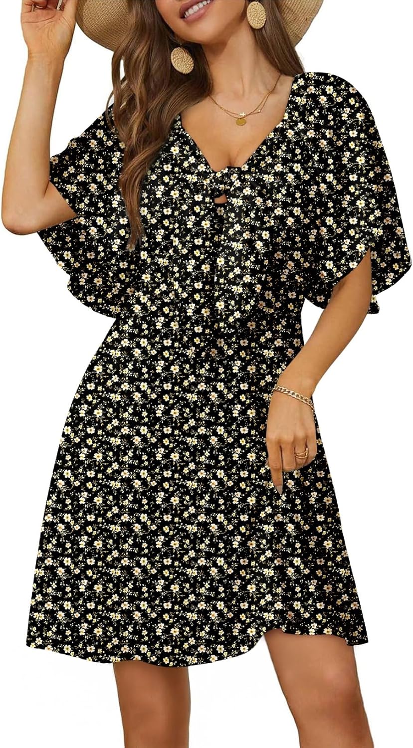 Dokotoo Womens Dresses 2026 Deep V Neck Elegant Bow tie Mini Dress S-XL | 2026 Summer Fall,Short Sleeve,V Neck,Graduation Party Dress,Elegant,Flowy Beach Vacation Wear,Casual Dress