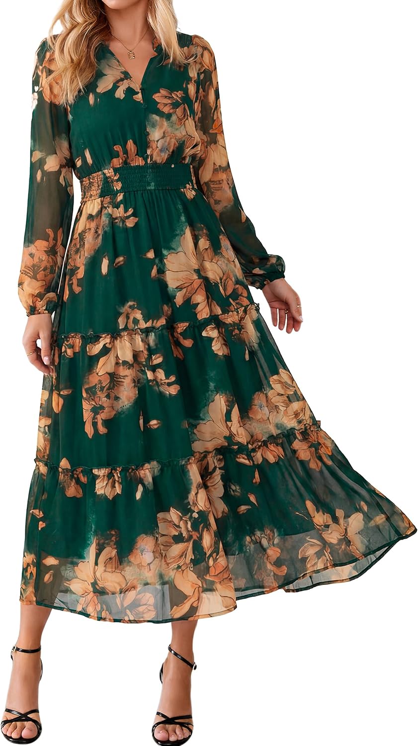 Simplee Womens Floral Boho Maxi Dress Long Sleeve Flowy Wedding Guest Dress | Chiffon, V Neck, Empire Waist, Fall Dress, Semi-Formanl, A Line, Baby Shower, Ruffle Tiered, Elegant, Long