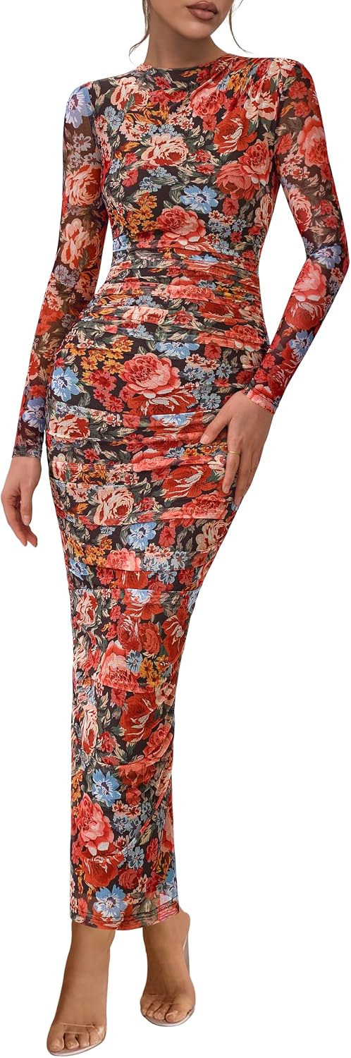 PRETTYGARDEN Long Sleeve Maxi Dresses for Women Wedding Guest Fall Outfits | Ruched Bodycon Dress Long, Floral Mesh, Date Night, Formal Cocktail Party, Homecoming Holiday Dresses