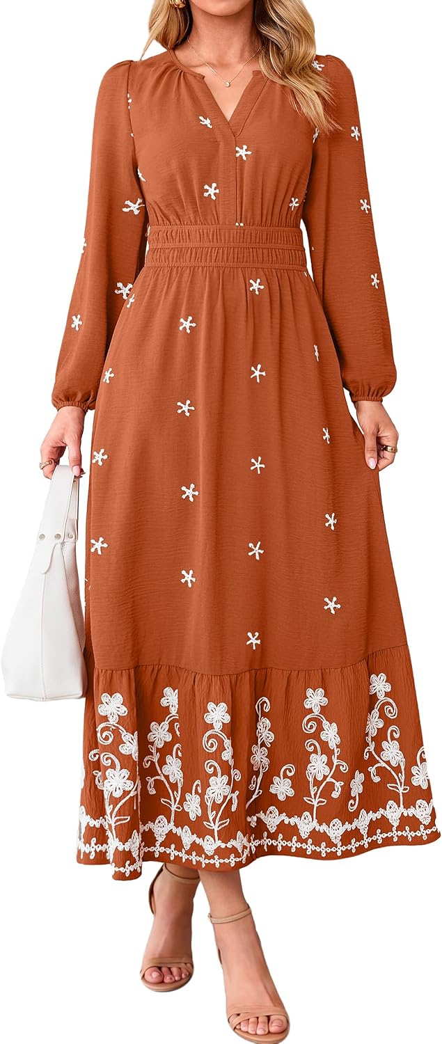 Simplee Floral Maxi Fall Womens Dress Long Sleeve Elegant Church Dresses | Wedding Guest Flowy, Romantic A-line Embroidery, Smocked Waist Garden Party, Casual Holiday Dinner Photo Shoot