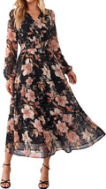 Simplee Womens Floral Boho Maxi Dress Long Sleeve Flowy Wedding Guest Dress | Chiffon, V Neck, Empire Waist, Fall Dress, Semi-Formanl, A Line, Baby Shower, Ruffle Tiered, Elegant, Long