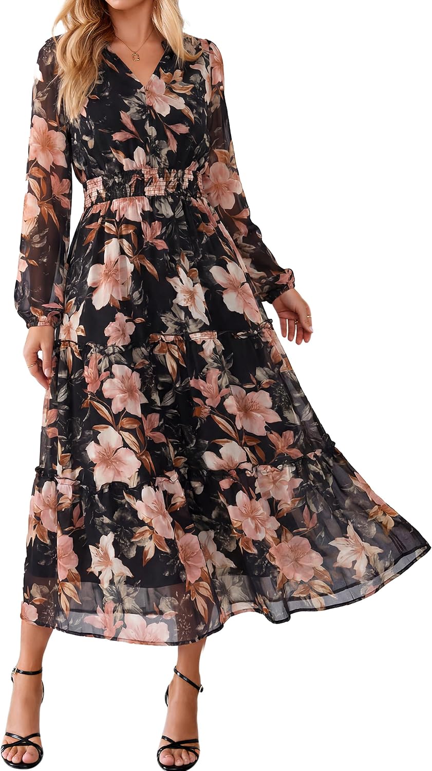 Simplee Womens Floral Boho Maxi Dress Long Sleeve Flowy Wedding Guest Dress | Chiffon, V Neck, Empire Waist, Fall Dress, Semi-Formanl, A Line, Baby Shower, Ruffle Tiered, Elegant, Long
