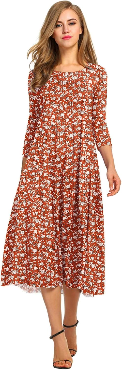 HOTOUCH Women's 3\/4 Sleeve A-line and Flare Midi Long Dress