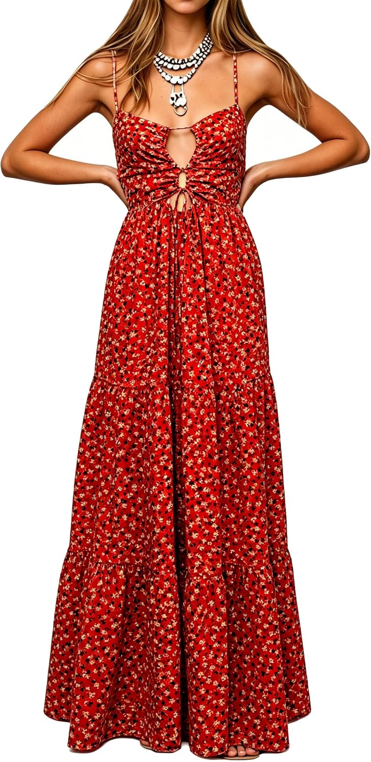Womens Summer Floral Spaghetti Strap Backless Low Cut Smocked Milkmaid Flowy Beach Sundresses