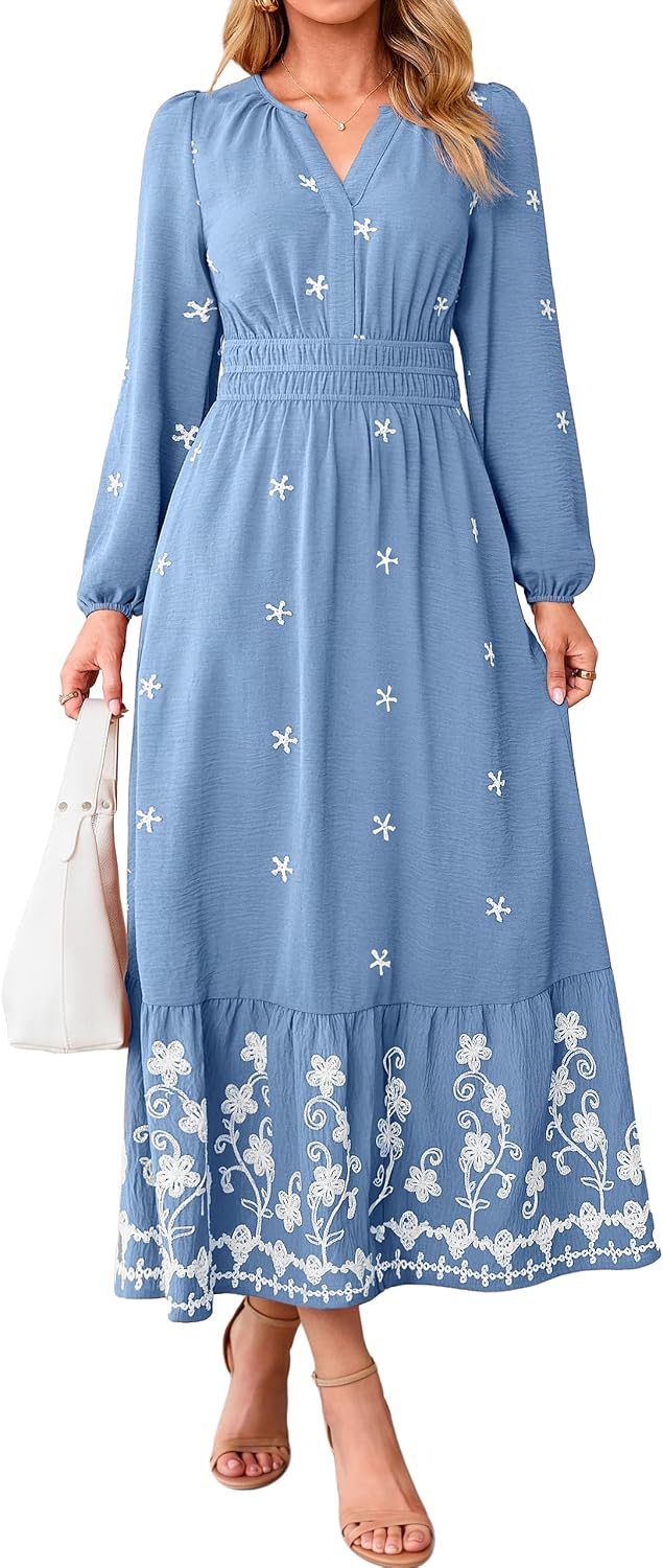 Simplee Floral Maxi Fall Womens Dress Long Sleeve Elegant Church Dresses | Wedding Guest Flowy, Romantic A-line Embroidery, Smocked Waist Garden Party, Casual Holiday Dinner Photo Shoot