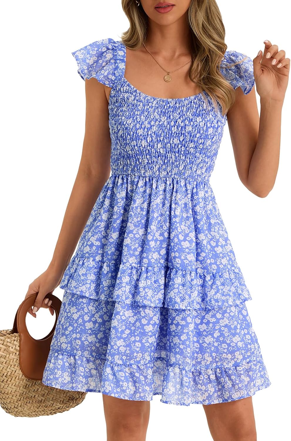 Womens Summer Sleeveless Backless Smocked Ruffle Babydoll Mini Sundress | Square Neck,Casual,Floral,Boho,Beach,Cute,Teen,Graduation,Homecoming,Layered,Flowy,Swing,Short Sundress