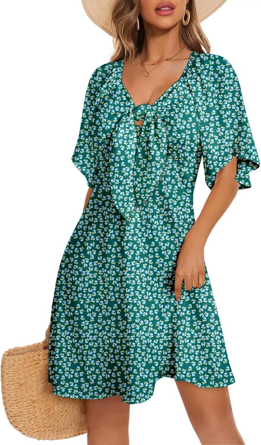 Dokotoo Womens Dresses 2026 Deep V Neck Elegant Bow tie Mini Dress S-XL | 2026 Summer Fall,Short Sleeve,V Neck,Graduation Party Dress,Elegant,Flowy Beach Vacation Wear,Casual Dress