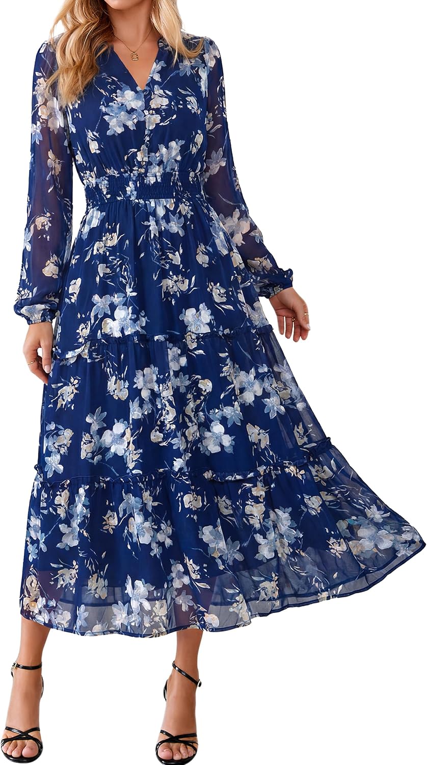 Simplee Womens Floral Boho Maxi Dress Long Sleeve Flowy Wedding Guest Dress | Chiffon, V Neck, Empire Waist, Fall Dress, Semi-Formanl, A Line, Baby Shower, Ruffle Tiered, Elegant, Long