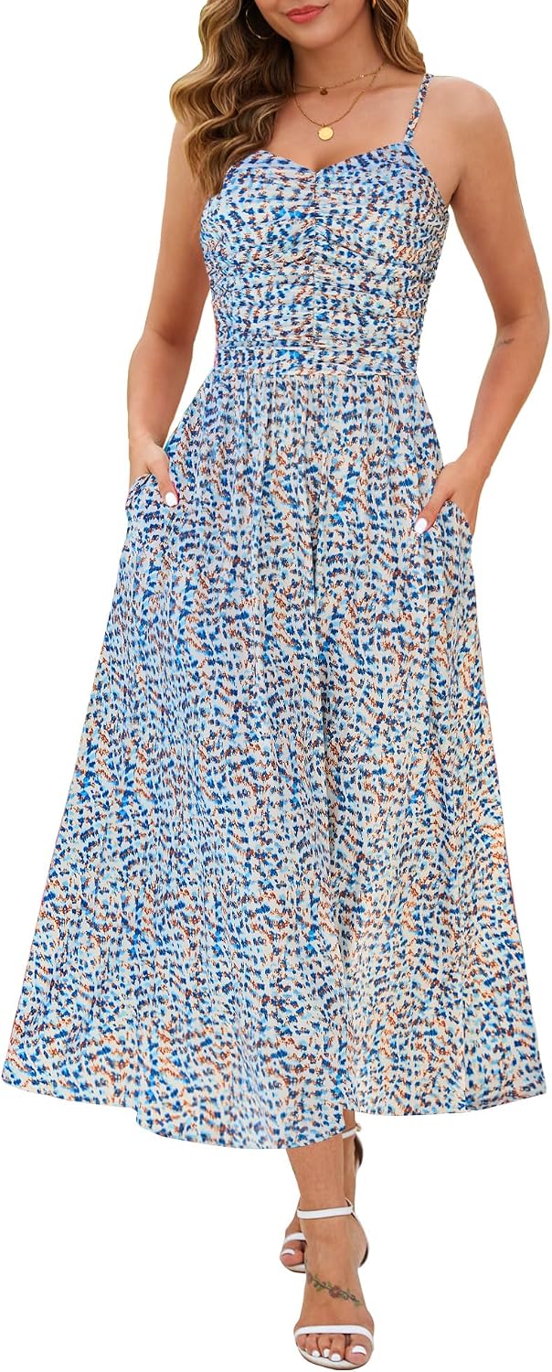 Annebouti Women's Summer Adjustable Spaghetti Strap Ruched Maxi Sun Dress | Dress with Pockets, Lined Bodice, Boho Floral Print, Perfect Summer Dress for Wedding Guest, Beach, Vacation, Resort Wear