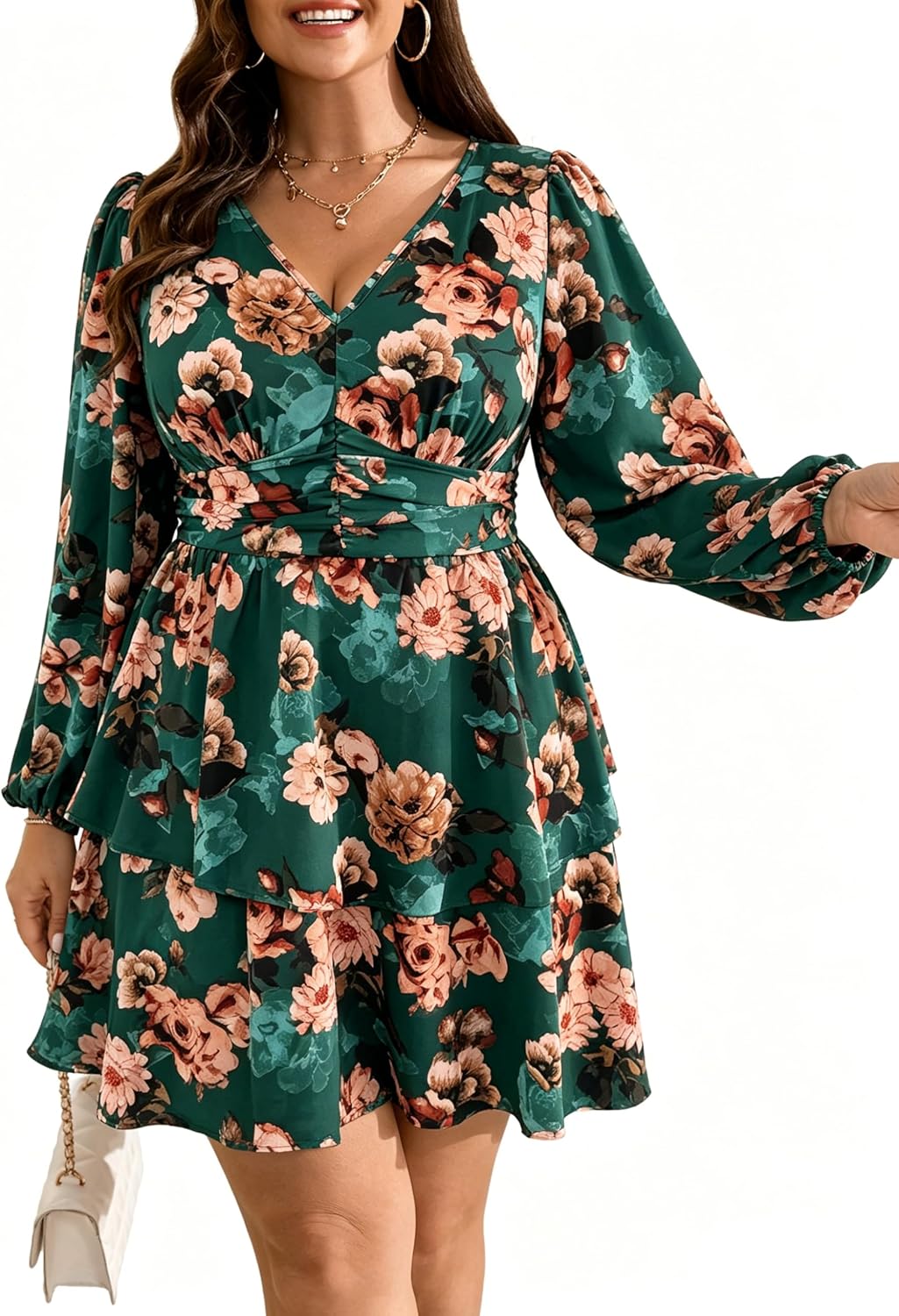 RWJ Plus Size Dresses for Curvy Women V Neck Long Sleeve Layered Mini Dress | Empire Waist, Spring, Fall, Wedding Guest, Cocktail Party, Casual, Vacation, Beach, Holiday, Dating, Semi Formal, Baby Shower