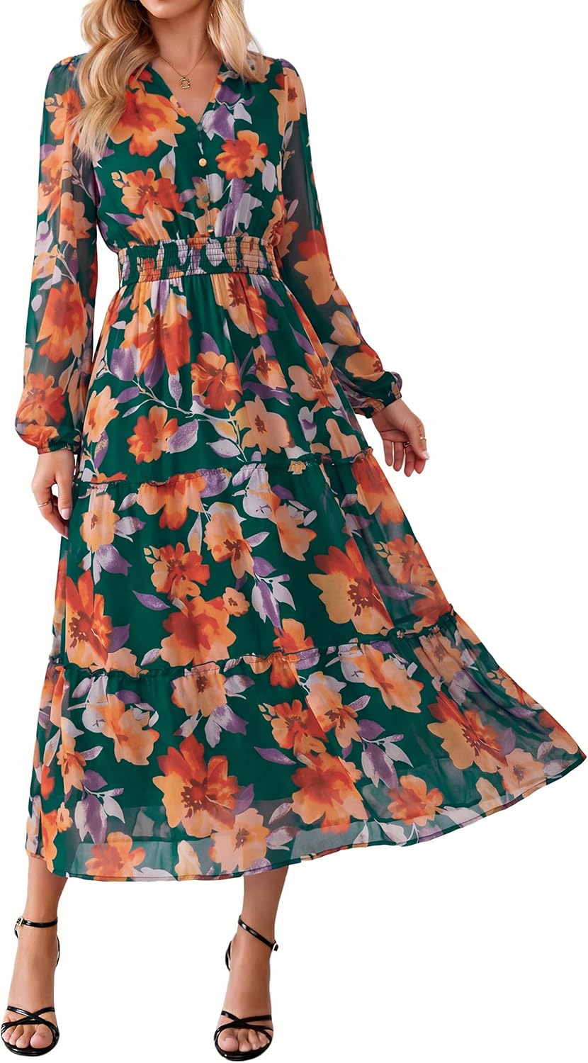 Simplee Womens Floral Boho Maxi Dress Long Sleeve Flowy Wedding Guest Dress | Chiffon, V Neck, Empire Waist, Fall Dress, Semi-Formanl, A Line, Baby Shower, Ruffle Tiered, Elegant, Long