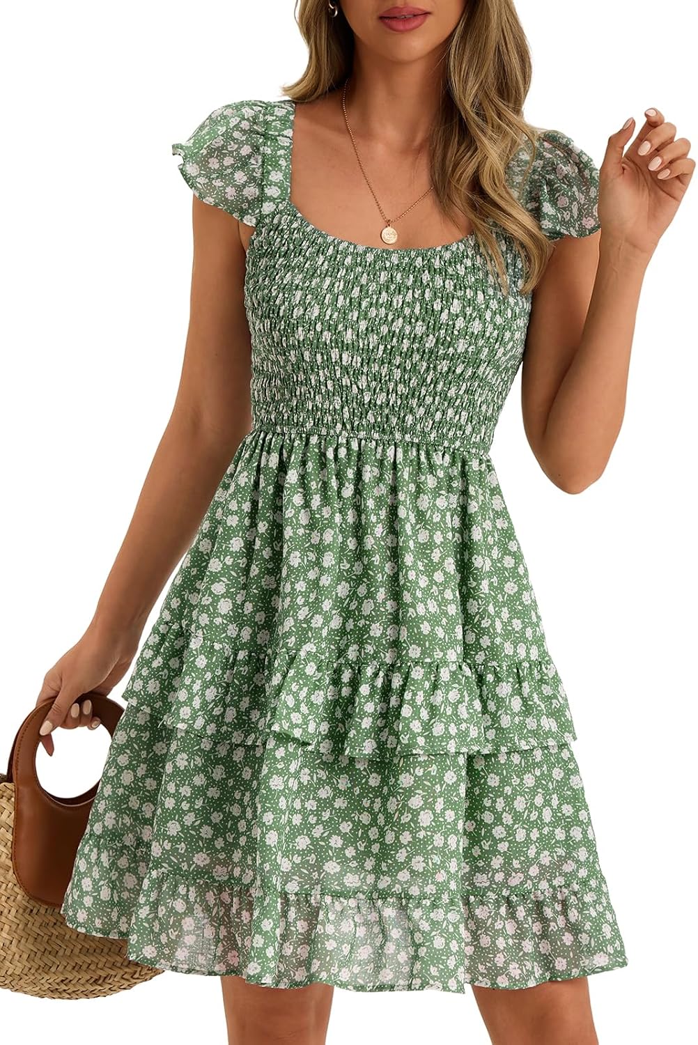Womens Summer Sleeveless Backless Smocked Ruffle Babydoll Mini Sundress | Square Neck,Casual,Floral,Boho,Beach,Cute,Teen,Graduation,Homecoming,Layered,Flowy,Swing,Short Sundress