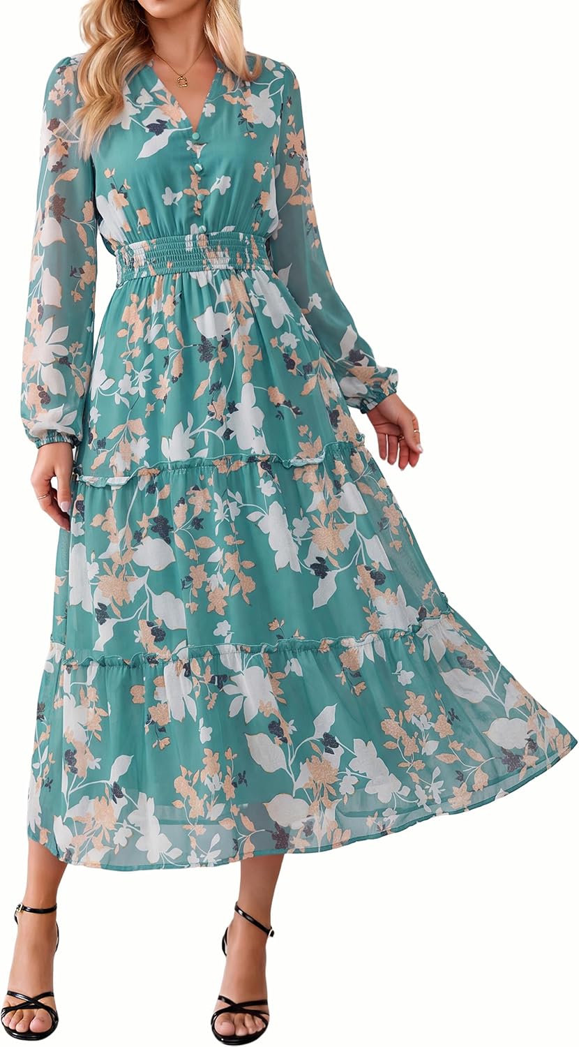 Simplee Womens Floral Boho Maxi Dress Long Sleeve Flowy Wedding Guest Dress | Chiffon, V Neck, Empire Waist, Fall Dress, Semi-Formanl, A Line, Baby Shower, Ruffle Tiered, Elegant, Long